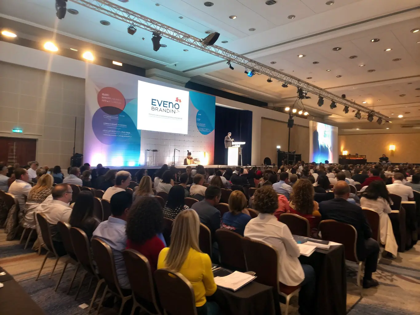 A vibrant photo of a large conference hall filled with speakers and attendees at a South African tech summit. The atmosphere is lively and engaging, showcasing the networking and learning opportunities at coachuno's summits.